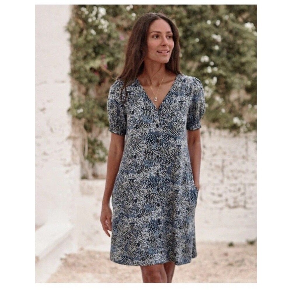 Garnet Hill Solarium Puff Sleeve Floral Mini Dress M Pockets Stretch Cottagecore